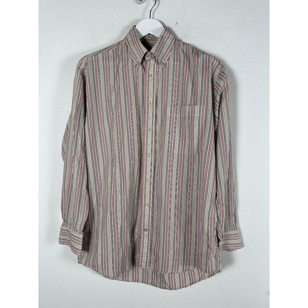 Burberry London Mens Striped Button-Down Casual Shirt Medium Beige Red Cotton